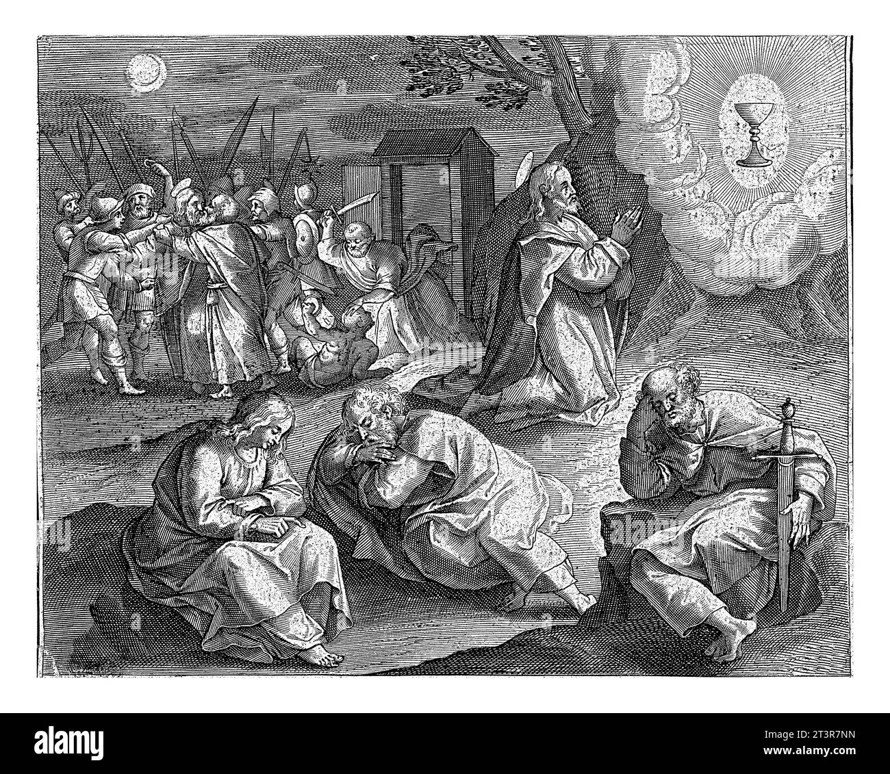 Christus im Garten Gethsemane, Jan Collaert (II), nach Maerten de Vos, 1597 Christus betet zu Gott im Garten Gethsemane. In einer Vision. Stockfoto