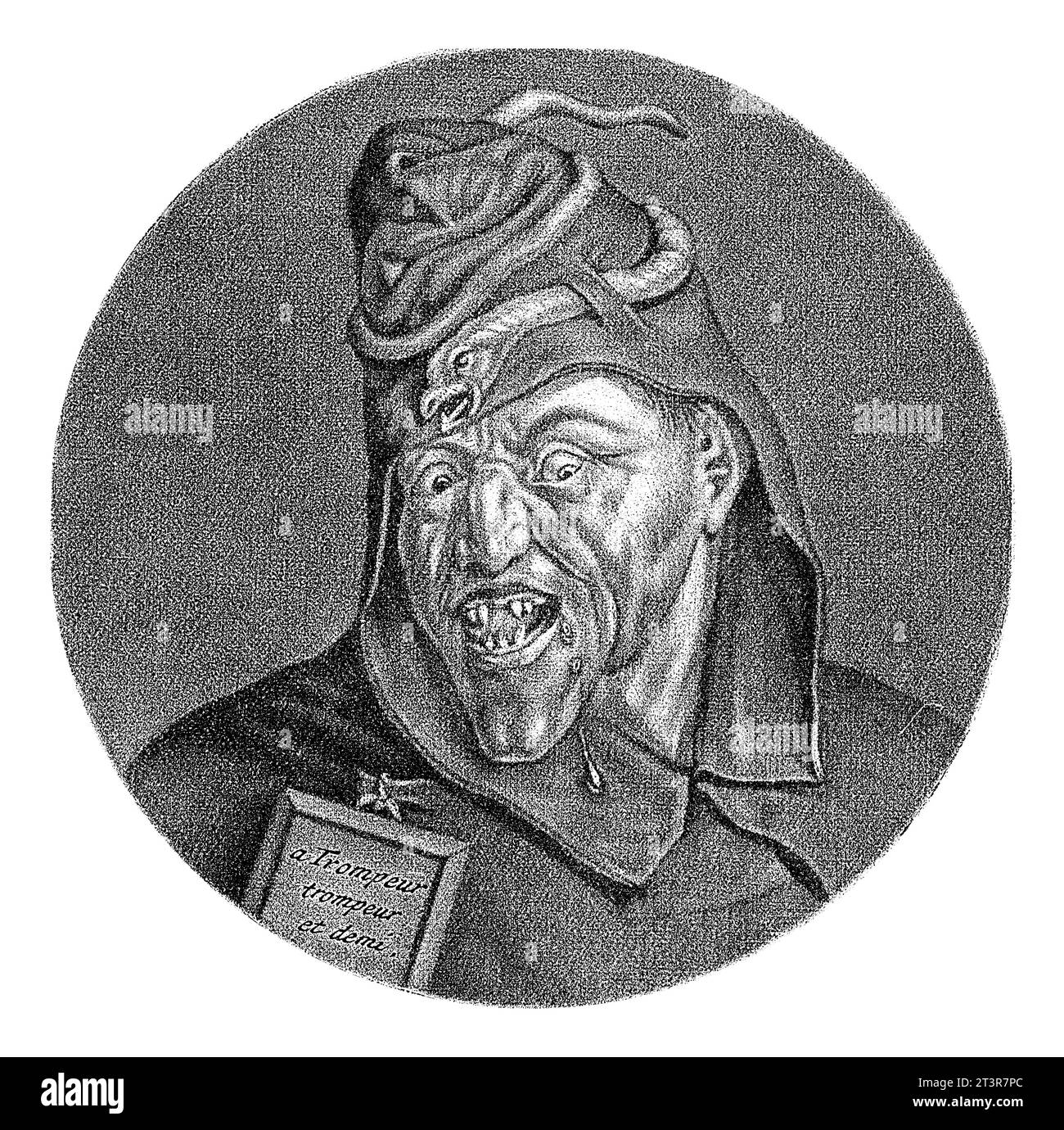 Neid, Jacob Gole, nach Cornelis DuSart, 1693 - 1700 Ein Mönch mit einer Schlange auf dem Kopf. Auf seiner Brust ein Schild mit dem Text A Trompeur Trompeur et demi. Stockfoto