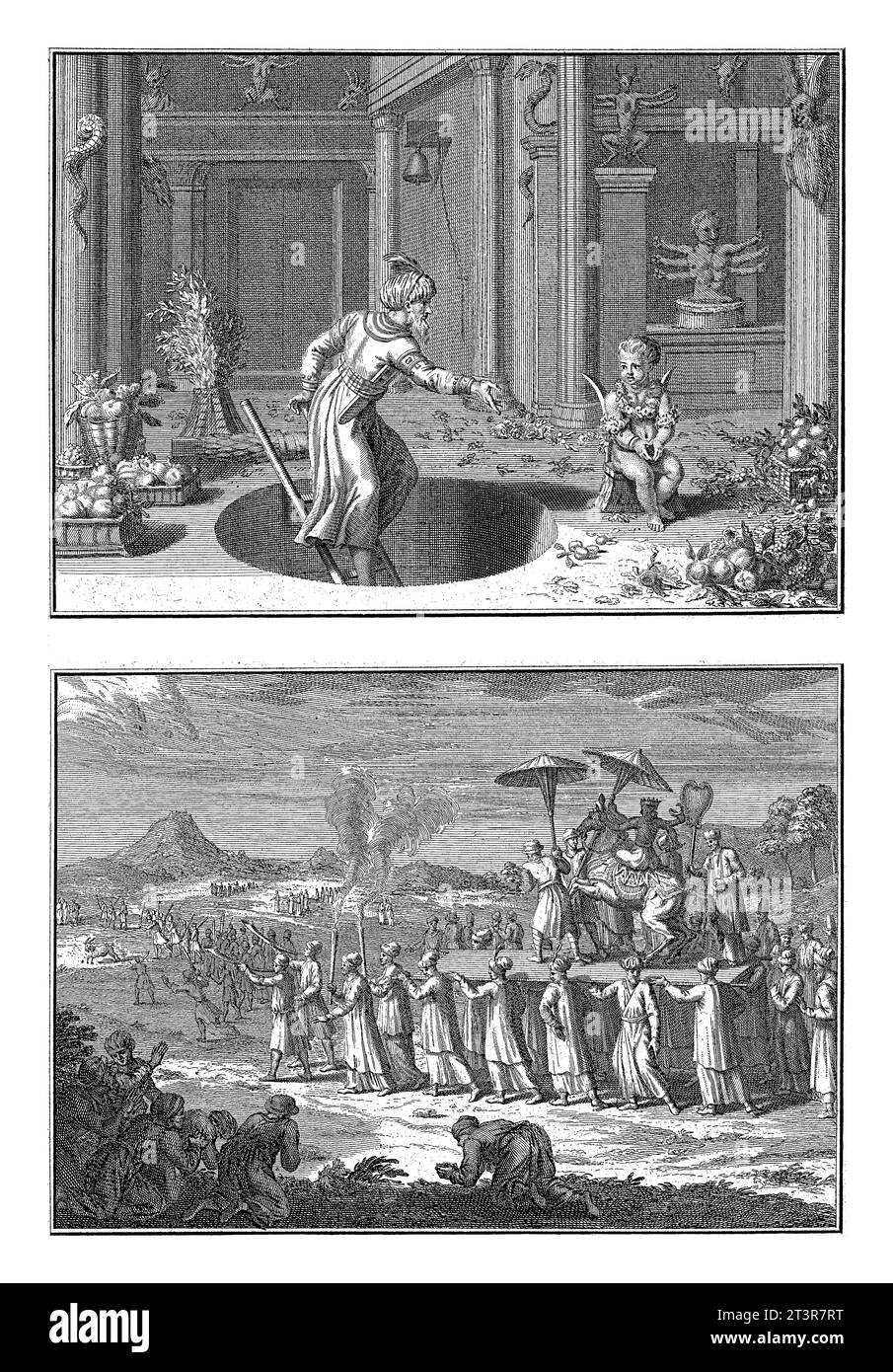 Darstellungen religiöser Rituale aus Indien, Bernard Picart (Workshop of), 1722 Journal mit zwei Darstellungen indischer Rituale. Stockfoto
