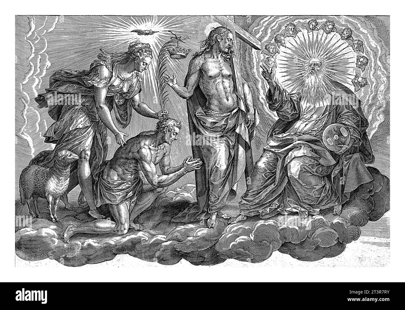 Thron der Barmherzigkeit, Hieronymus Wierix, nach Ambrosius Francken (I), nach Willem van Haecht (I), 1578 Ein Mann wird von der Göttlichen Gnade (Gratia) vor Gott geführt Stockfoto