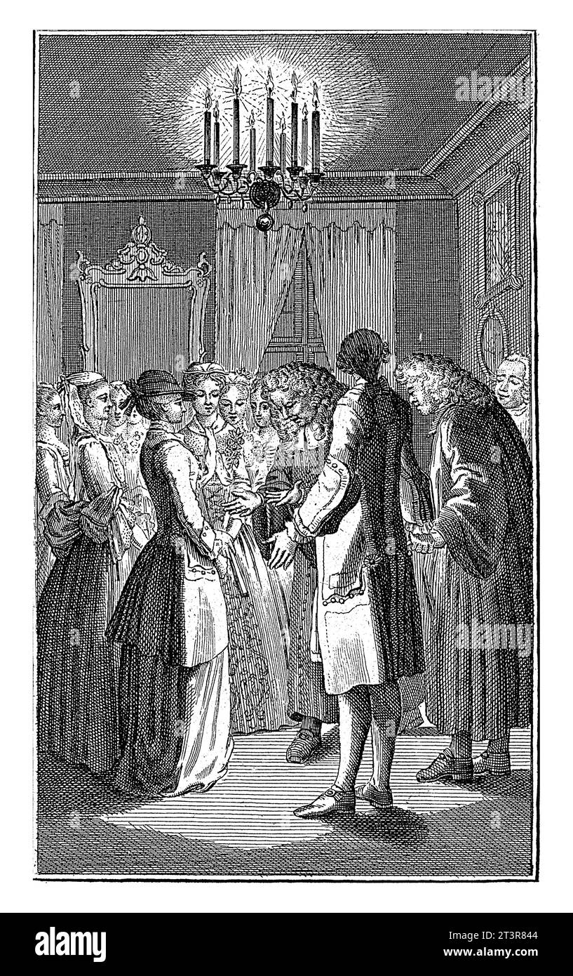 Zwei Minister wurden abends von Damen im Innenraum empfangen, Barent de Bakker, nach Daniel Nikolaus Chodowiecki, 1782, mit Vintage-Gravur. Stockfoto