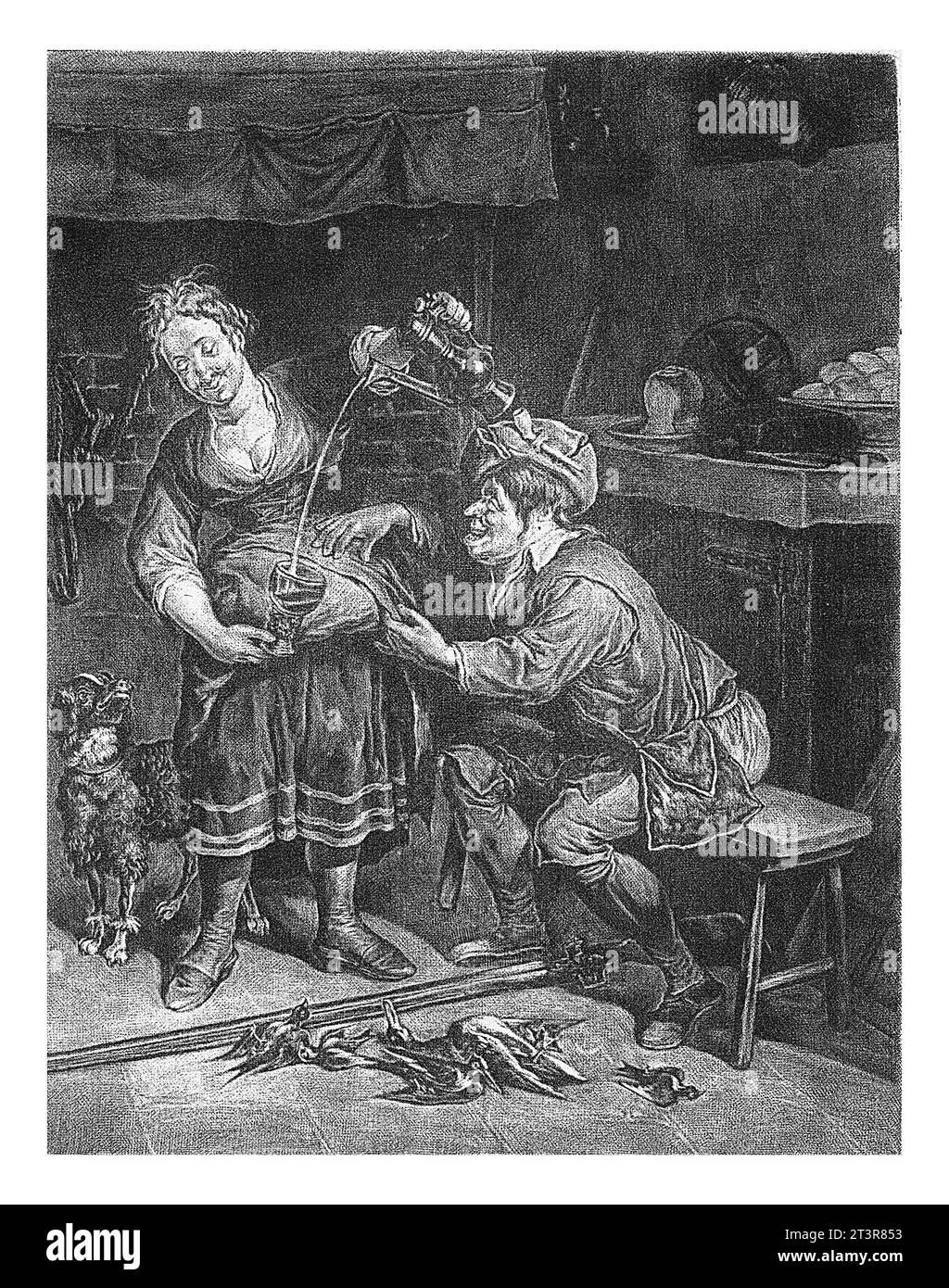 April, Cornelis DuSart, 1679 - 1704 in einem Raum gießt eine Frau ein Glas Wein für einen Jäger, der sich eifrig vor dem Getränk aus seinem Stuhl verbeugt. Tote Vögel li Stockfoto