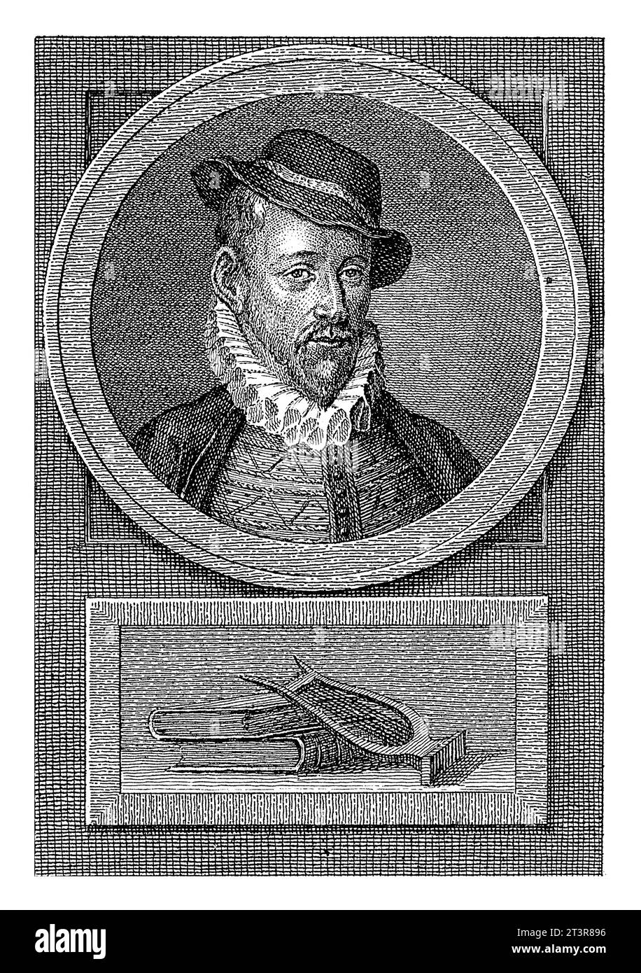 Porträt von Hendrick Laurensz. Spiegel, Daniel Vrijdag, 1783 – 1795 Porträt des Dichters und Kaufmanns Hendrick Laurensz. Spiegeln. Bücher und eine Leier unter Stockfoto