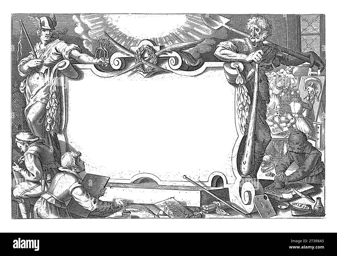 Titeldruck von Johann Gelle, Tyrocinia artis pictoriae caelatoriae, 1639, Johann Gelle, nach Augustin Braun, 1639 Zentral ein rechteckiger Rahmen mit Th Stockfoto