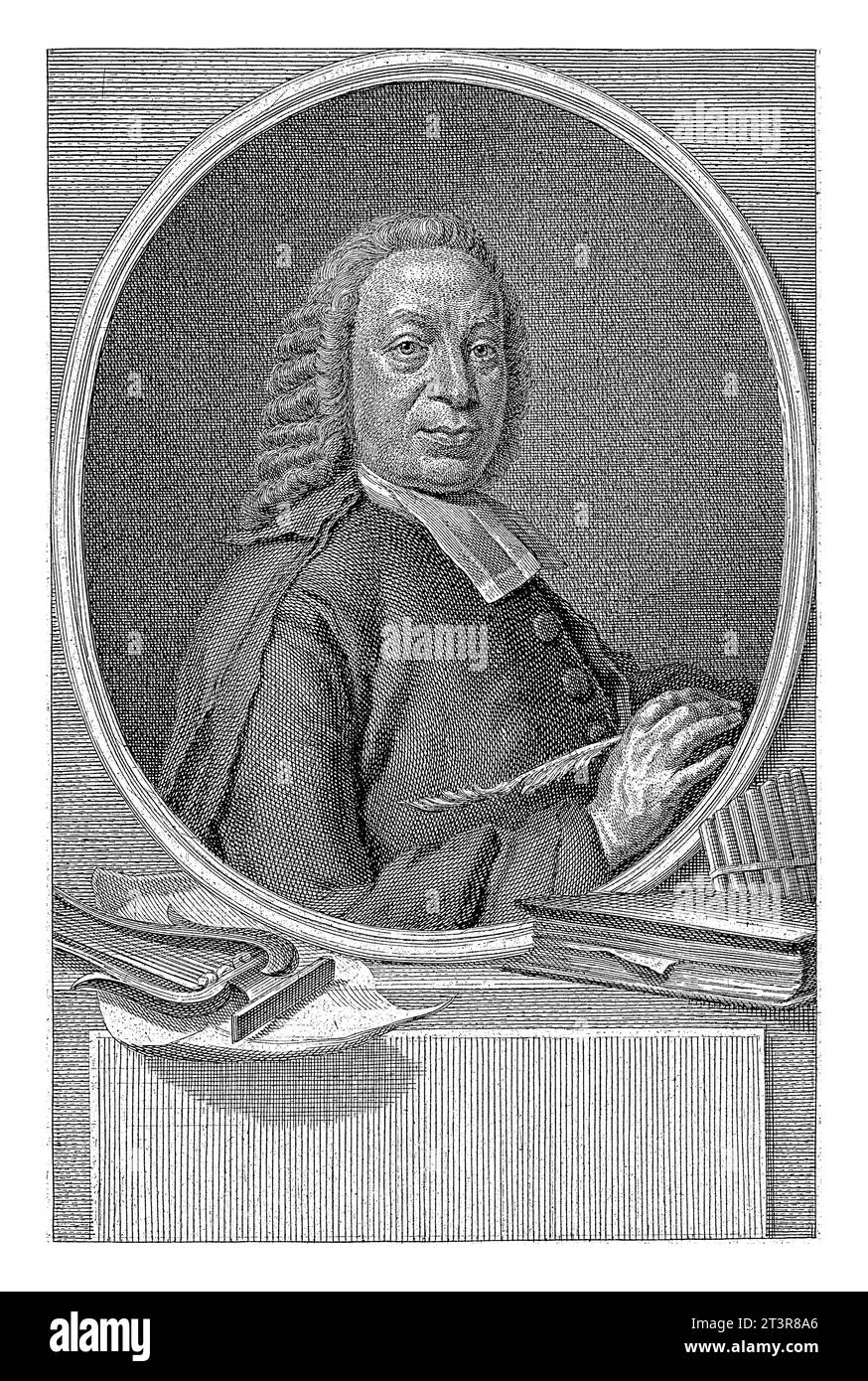 Porträt rechts von Rutger Schutte in einem ovalen Medaillon. In seiner Hand hält er eine Feder. Das Porträt ruht auf einem Sockel, auf dem sich auch ein befindet Stockfoto