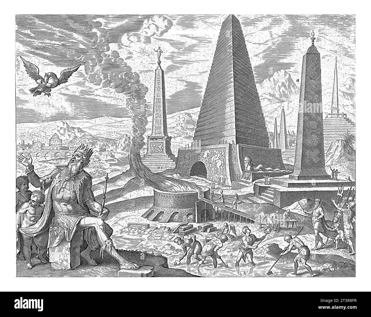 Pyramiden von Ägypten, Philip Galle. Im Hintergrund ägyptische Pyramiden und Obelisken. Sklaven schöpfen Lehm aus dem Fluss, der dann zu Ziegeln f gebacken wird Stockfoto