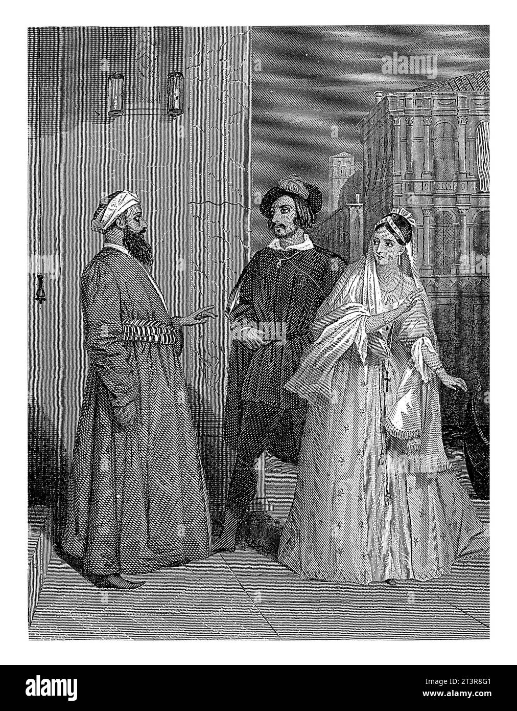 Stadtbild mit Araber und Mann mit Frau, Dirk Jurriaan Sluyter, 1849 ein Araber spricht ein westliches Paar an. Die Dame schreckt vor ihm zurück. Stockfoto