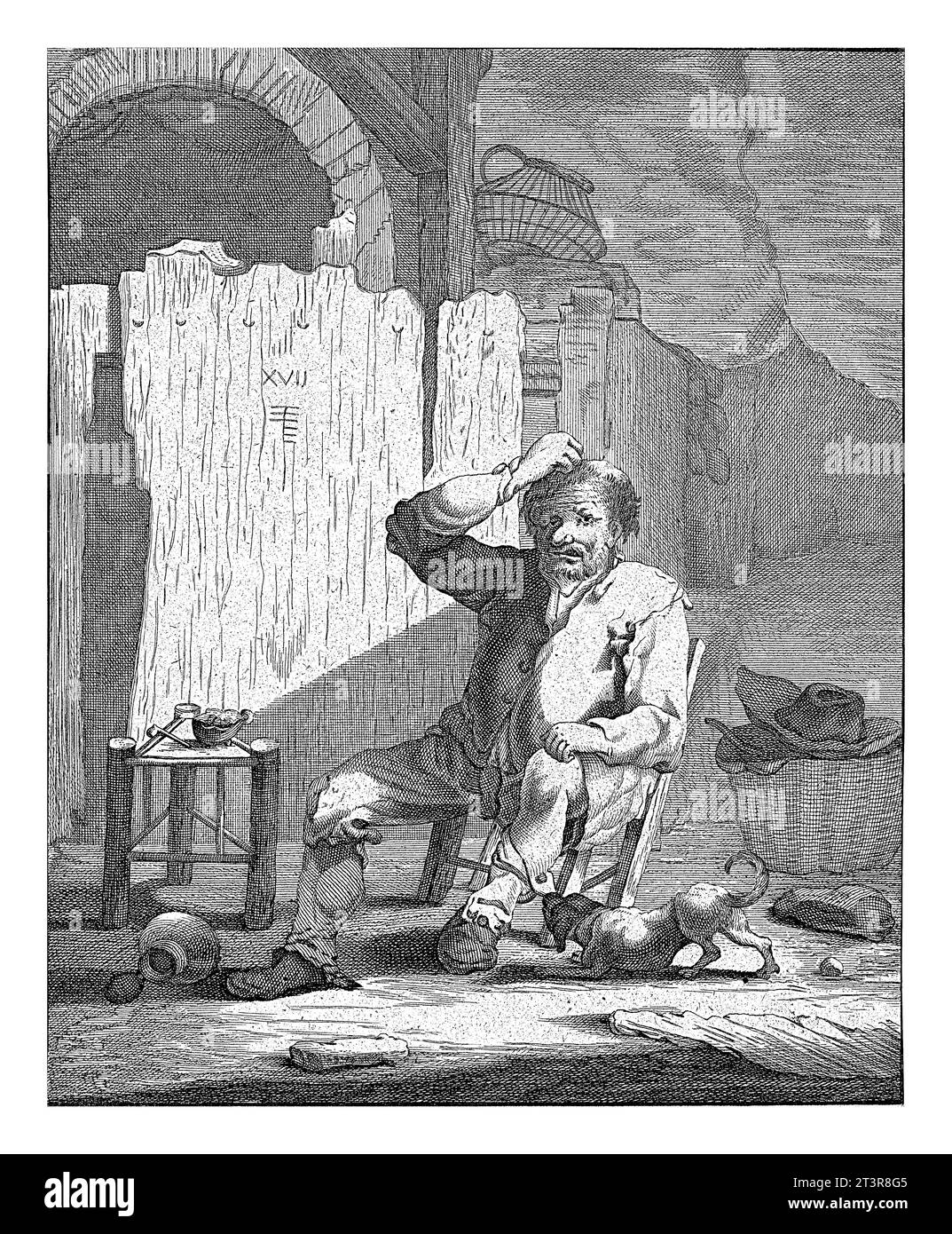 Das Gefühl: Mann mit einer Beule auf dem Kopf, Abraham de Blois, nach Andries beide, 1679–1717, sitzt Ein zerlumpter Mann auf einer Bank vor einem hölzernen Tor. Stockfoto