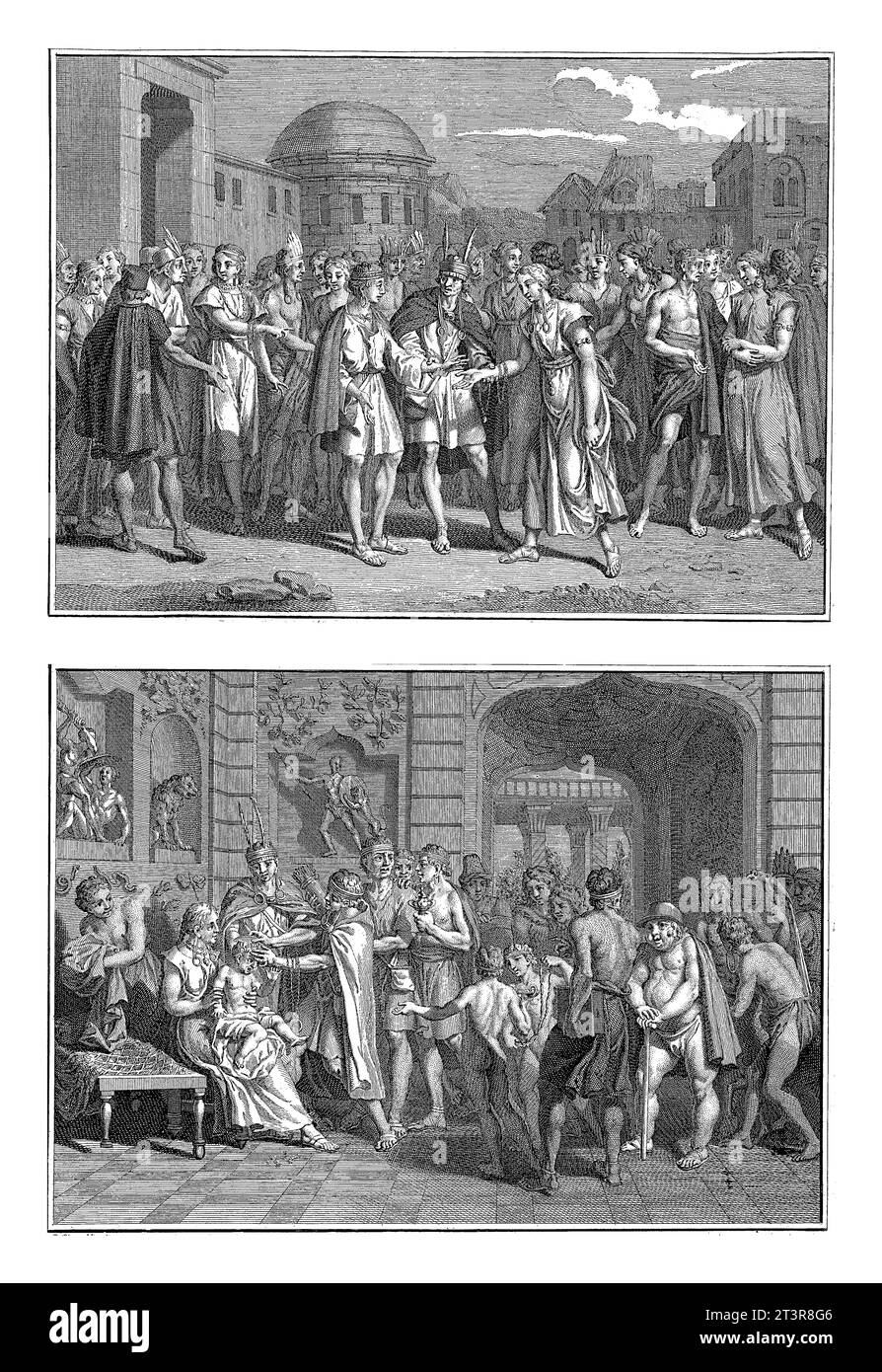 Hochzeitszeremonie und Namenszeremonie der Inkas, Bernard Picart (Werkstatt), nach Bernard Picart, 1723 Blatt mit zwei Darstellungen von Ritualen von Stockfoto