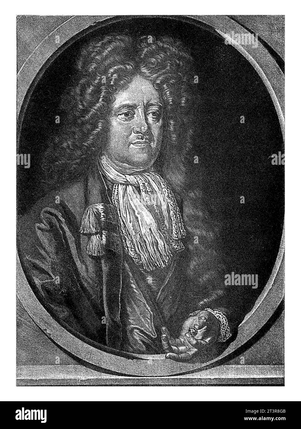 Porträt von Johann Heinrich Biehler, Pieter Schenk (I), nach David Richter (I), 1698–1713 der Hofjuwelier Johann Heinrich Biehler in der Hand eines Edelsteins Stockfoto