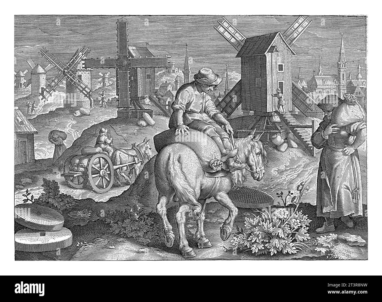 Windmühle, Philips Galle (zugeschrieben), nach Jan van der Straet, ca. 1593 - ca. 1598 Eine Landschaft mit mehreren Windmühlen. Mais wird in Säcken nach Th gebracht Stockfoto