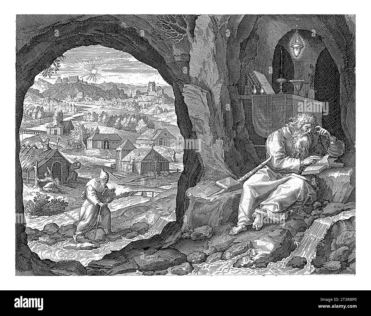 St. Euthimius der große und der Heilige Theoctistus hegumen als Eremiten, Jan van Londerseel, nach Maerten de Vos. St. Euthimius der große und Theoctistus Hegu Stockfoto