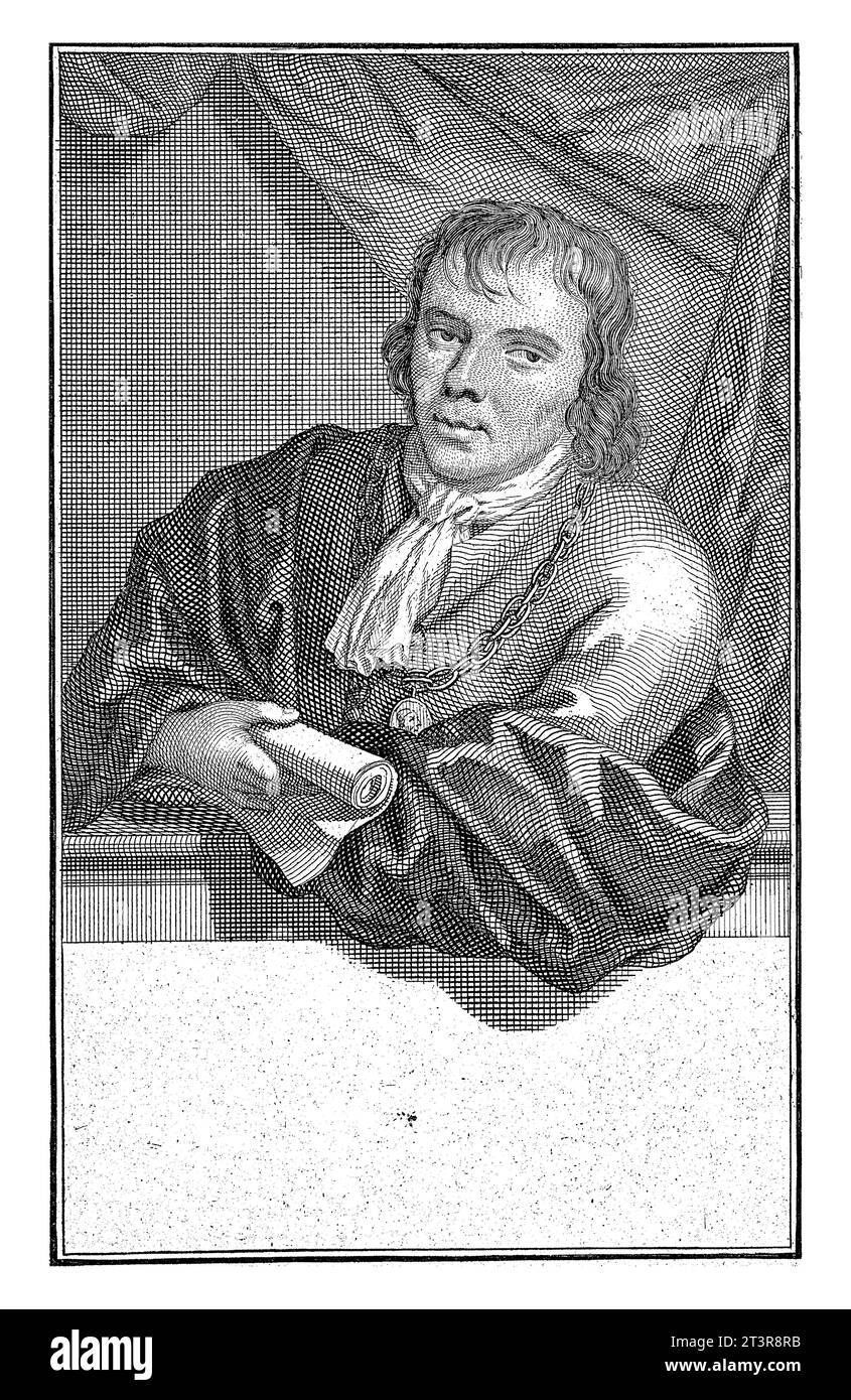 Halblanges Porträt links vom Mann der Buchstaben Reyer Anslo, barköpfig. Anslo hält eine Papierrolle in der Hand. Stockfoto