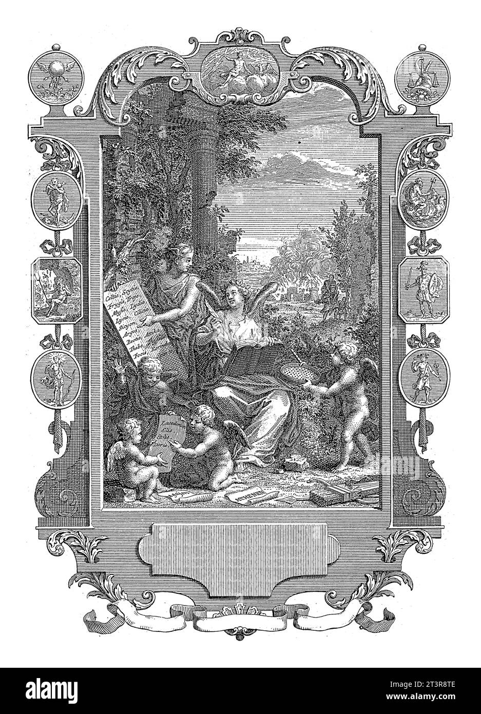 Cartouche mit Allegorie zur Geschichte der Griechen, Jan Caspar Philips, 1740 Gespräch mit einer Frau, die auf ein Blatt Papier aller Art zeigt Stockfoto