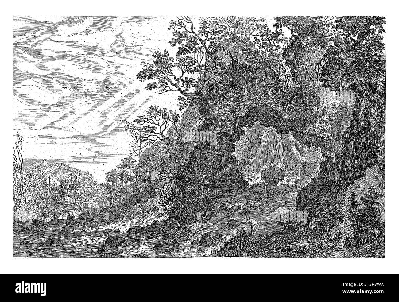 Berglandschaft mit Felsentor und fließendem Strom, Isaak Major, 1586 - 1630, Vintage-Gravur. Stockfoto