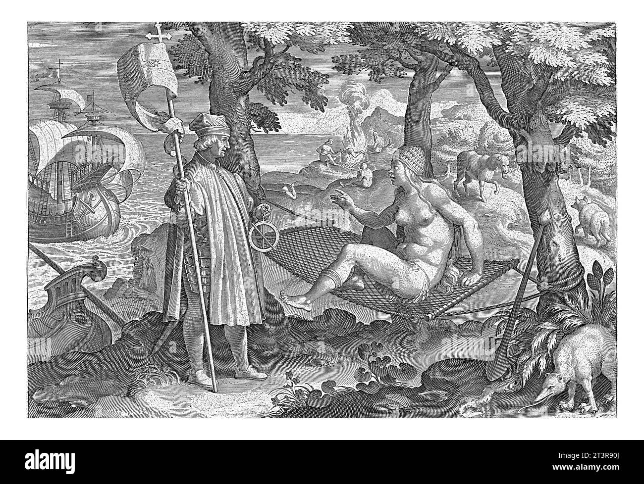 Amerigo Vespucci entdeckt Amerika, Theodoor Galle, nach Jan van der Straet, ca. 1589–ca. 1593 Amerigo Vespucci setzt einen Fuß in Amerika. In seiner Linken han Stockfoto