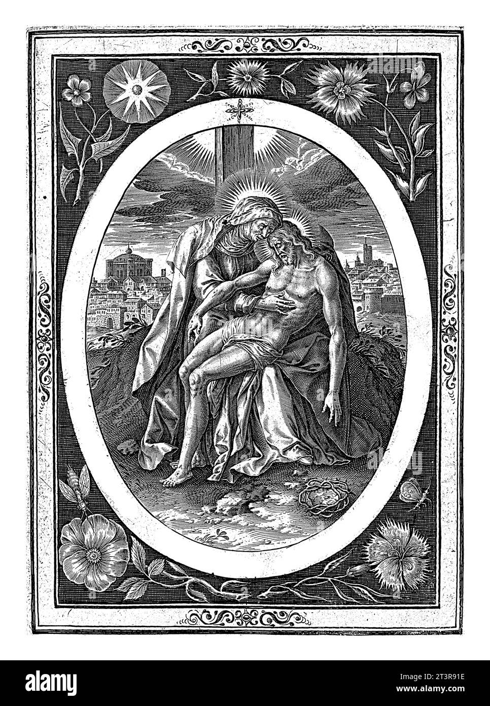 Pieta, Jacob de Weert, nach Maerten de Vos, 1588–1621 vor dem Kreuz, betrauert Maria den Leichnam des toten Christus, der auf ihrem Schoß liegt. Stockfoto