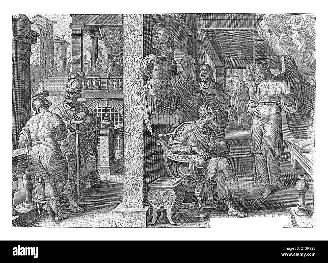 Vision von Cornelius, Philips Galle, nach Jan van der Straet, 1626–1676 ein Engel erscheint vor Cornelius in einer Vision. Er befahl ihm, den Apo zu finden Stockfoto