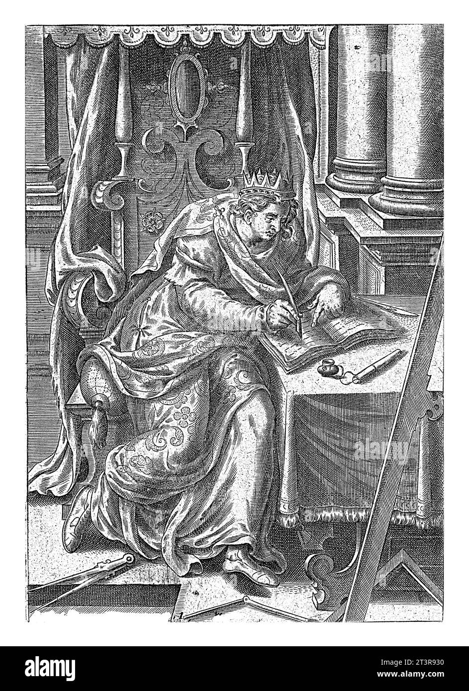 König Salomon schreibt das Bibelbuch der Sprüche Abraham de Bruyn, nach Gerard van Groeningen, 1577–1583 Buch Illustration zur Geschichte Salomons W. Stockfoto