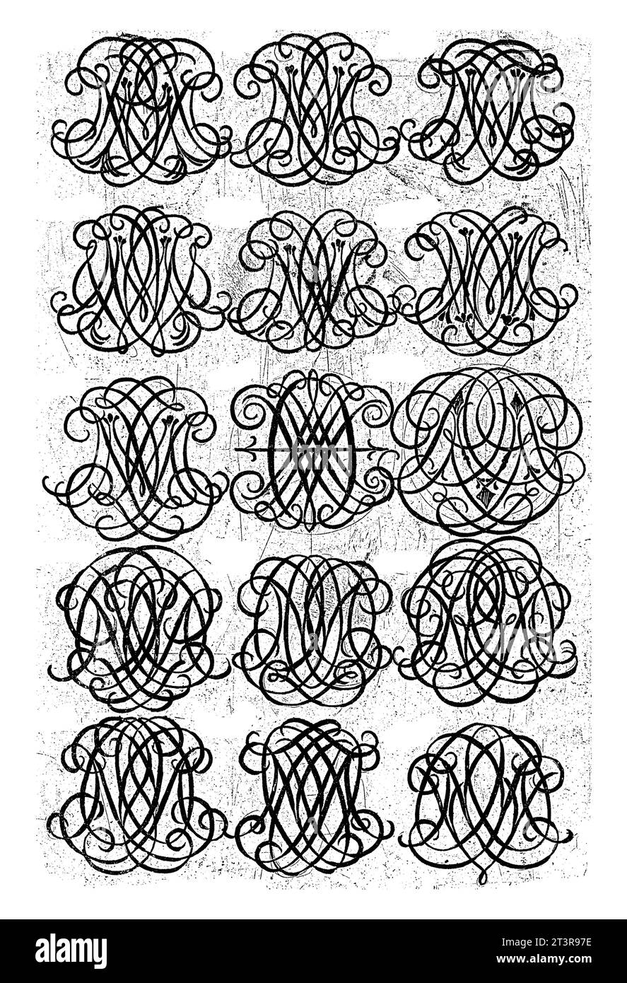 15 Letter Monograms (MNR-NOV), Daniel de Lafeuille, ca. 1690 - ca. 1691 aus einer Serie von 29 teilweise nummerierten Blättern mit Zahlenmonogrammen. Stockfoto