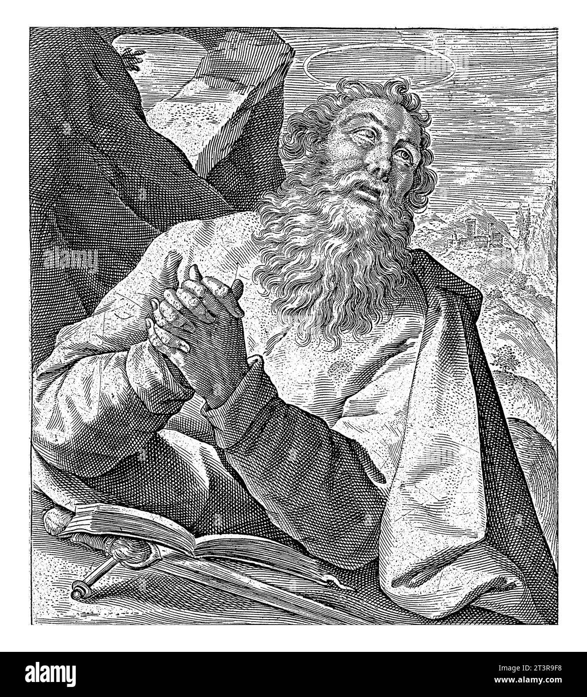 Apostel Paulus, Crispijn van de Passe (I), 1594 Büste des Apostels Paulus, ein offenes Buch und ein Schwert für ihn. Er ist im Gebet. Im Rand eine Beschriftung in Stockfoto