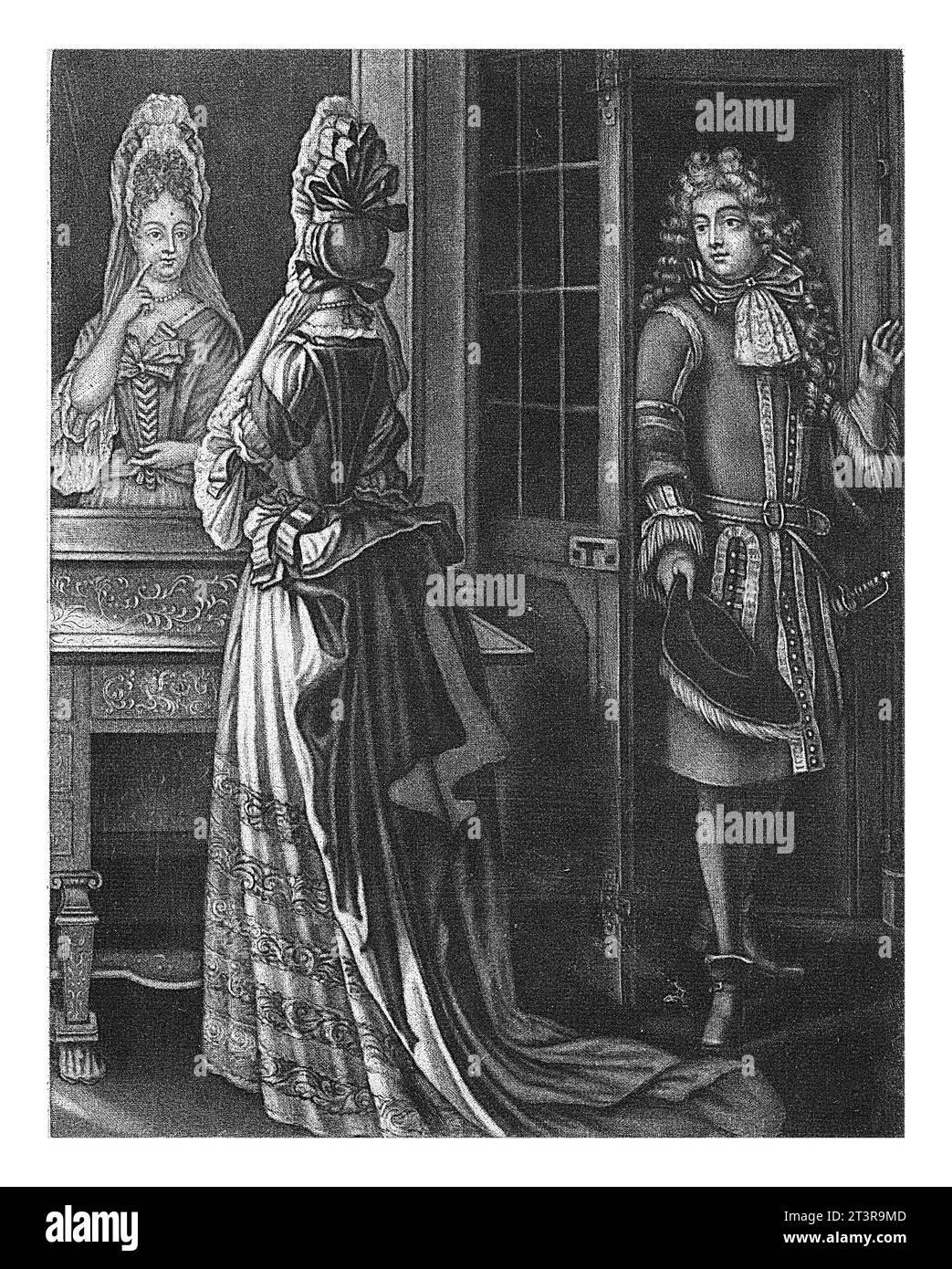 Das Gesicht, Jacob Gole, ca. 1695 - 1724 Eine junge Frau schaut sich im Spiegel an. Ein junger Mann beobachtet von der Tür aus. Der Ausdruck ist Teil einer Serie Stockfoto