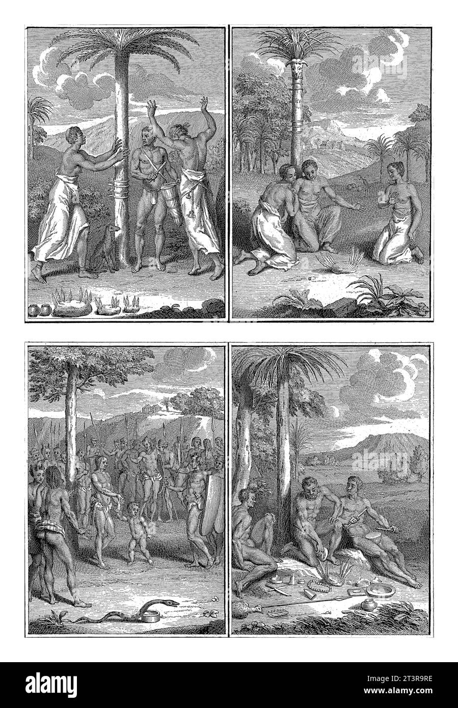 Rituale von Bewohnern von Guinea, Bernard Picart (Werkstatt von), 1726 Magazin mit vier Darstellungen von Ritualen von Bewohnern von Guinea. Stockfoto