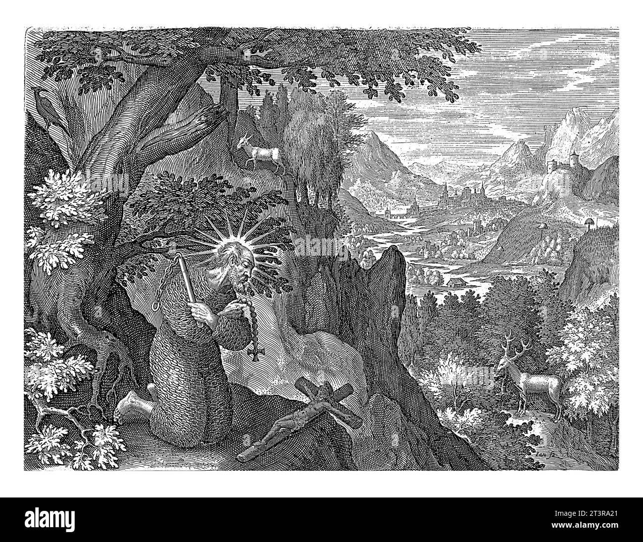 H. Henricus als Märtyrer, Jan van Londerseel, nach Maerten de Vos, 1580 - 1625 in einer Berglandschaft, Hl. Henricus, in Ketten gewickelt und mit einem Stockfoto