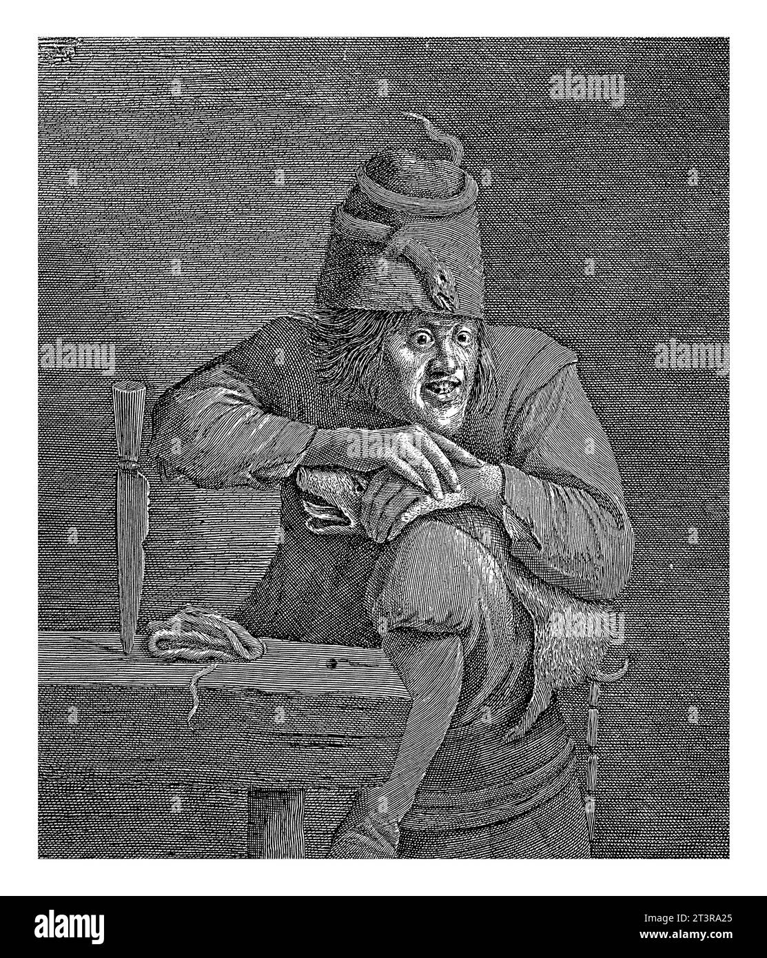 Neid (Invidia), Lucas Vorsterman (I), nach Adriaen Brouwer, 1619 - 1675 Ein armer Mann, mit einer Schlange um den Hut, sitzt auf einem Fass und drückt einen aus Stockfoto