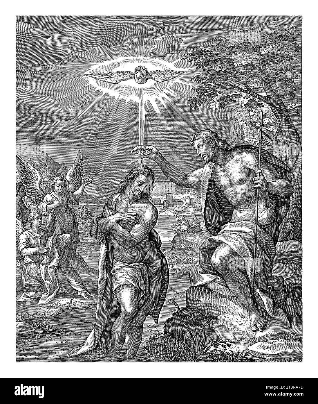 Taufe Christi, Crispijn van de Passe (II), nach Crispijn van de Passe (I), 1604–1670 Johannes der Täufer tauft Christus im Jordan. Stockfoto