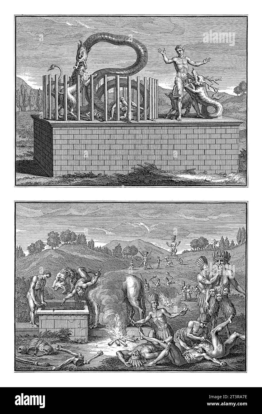Darstellungen von Ritualen von Indianern aus Nicaragua, Bernard Picart (Werkstatt von), 1723 Magazin mit zwei Darstellungen von religiösen Ritualen von Ind Stockfoto