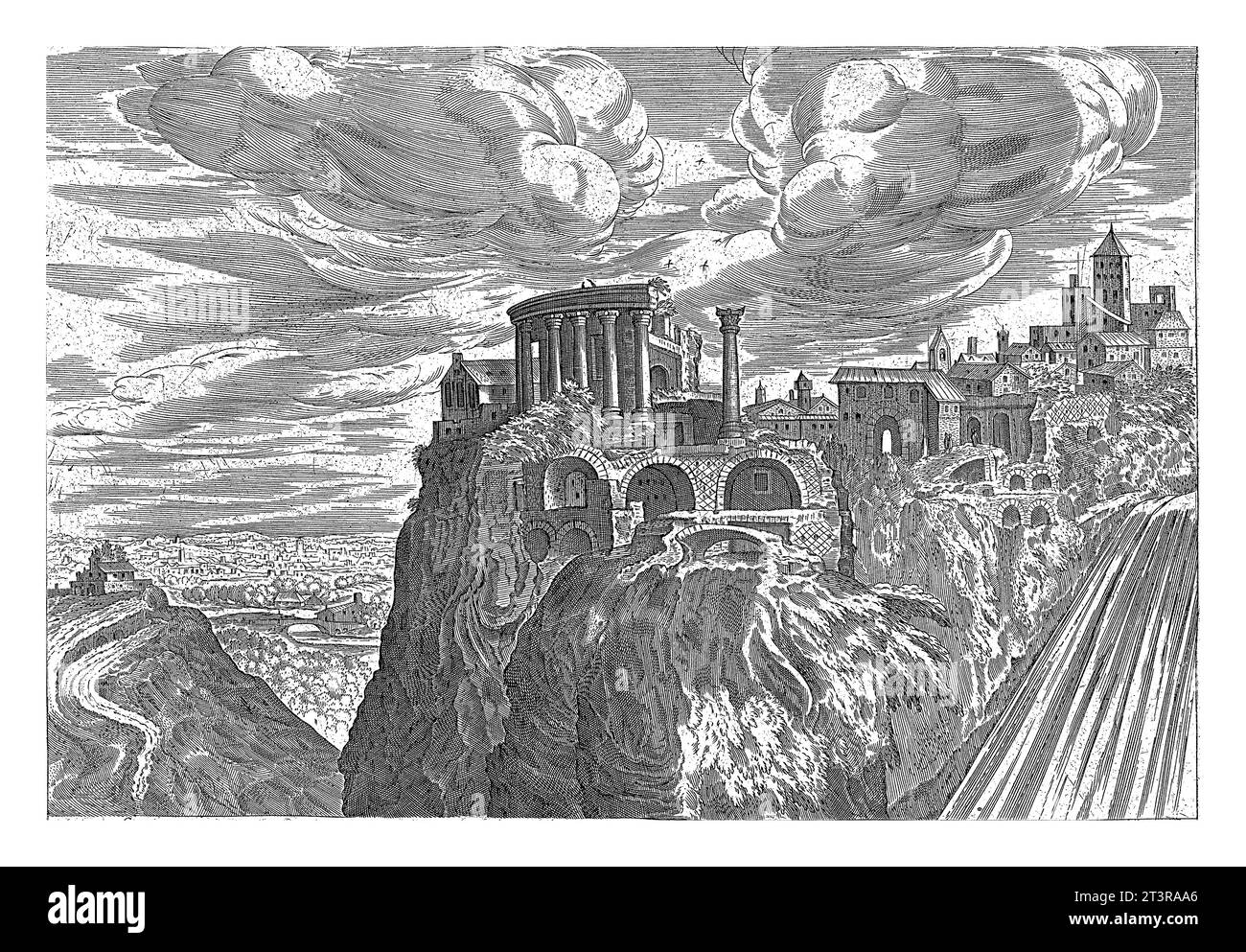 Blick auf die Wasserfälle von Tivoli, Hendrick van Cleve, 1585 Blick auf die Wasserfälle von Tivoli und die antiken Ruinen der Stadt. Stockfoto