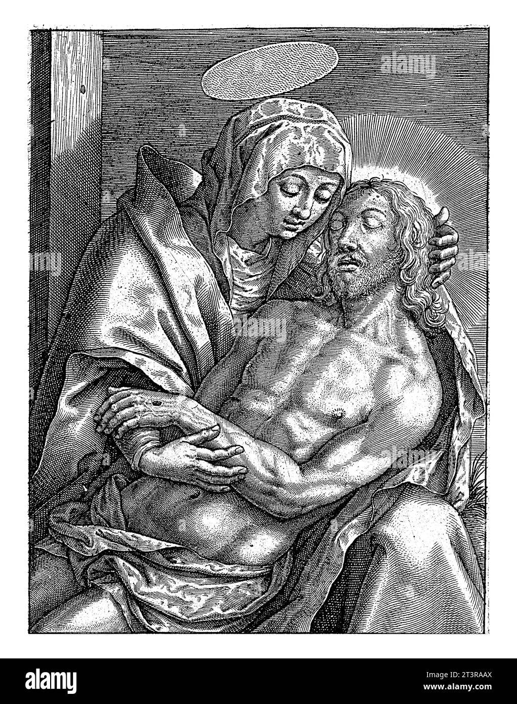 Pieta, Hieronymus Wierix, 1563 – vor 1619 liegt der Leib Christi auf dem Schoß Marias, die um ihren Sohn betrauert. Am Rande ein Bibelzitat aus Hoogl. Stockfoto