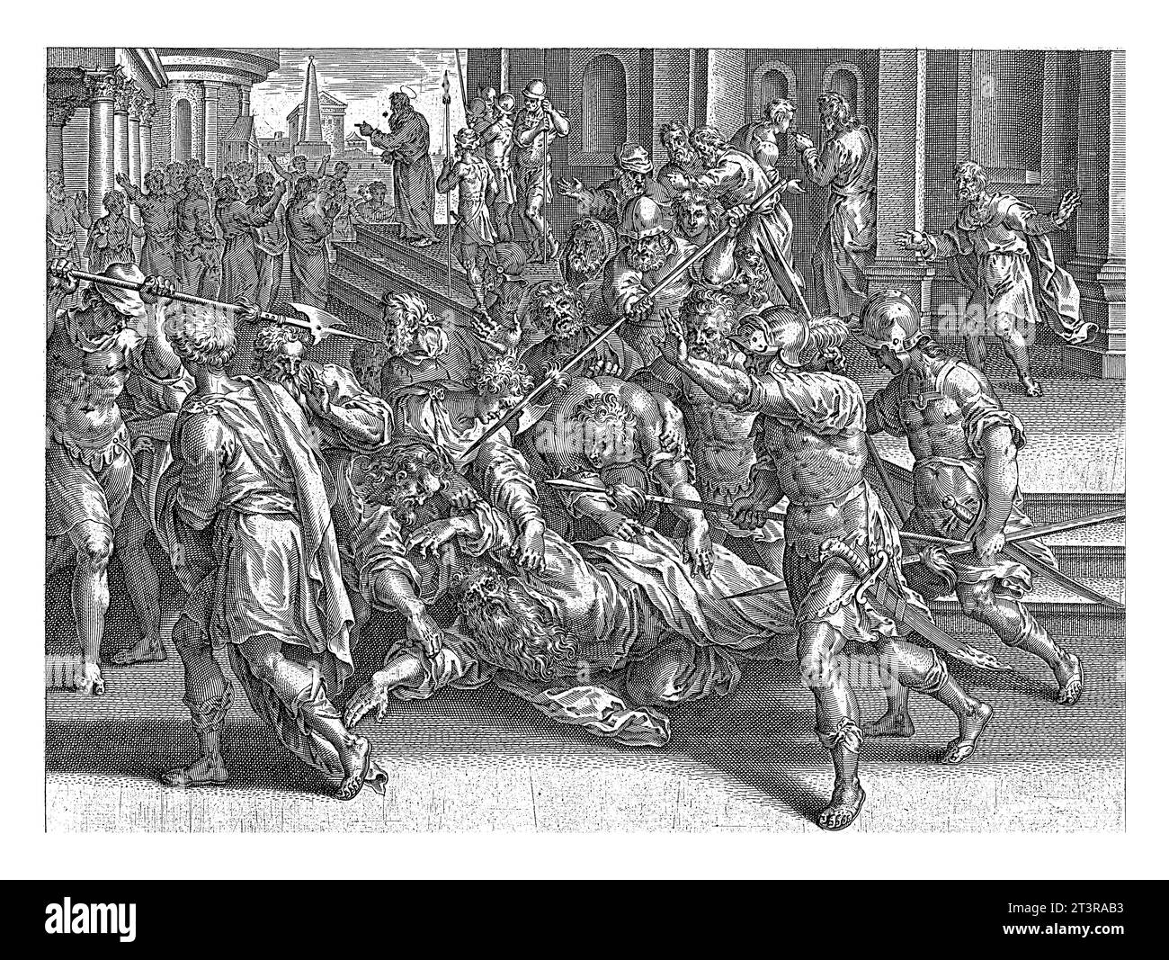 Inhaftierung von Paulus in Jerusalem, nach Philips Galle, nach Jan van der Straet, 1646 als der Apostel Paulus den Tempel in Jerusalem betreten will, Th Stockfoto