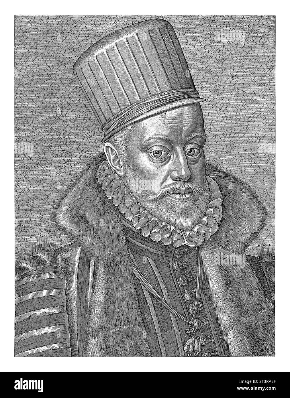 Porträt von Philipp II., König von Spanien, im Alter von 59 Jahren, Hieronymus Wierix, 1586 Er trägt ein Band mit dem Orden vom Goldenen Vlies. Stockfoto