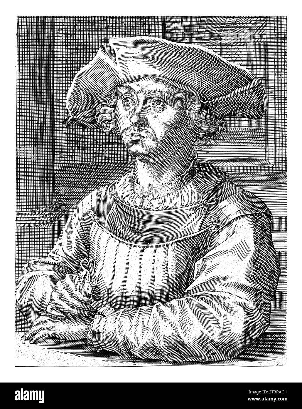 Porträt von Bernard van Orley, Hendrick Hondius (I), 1610 Porträt links von Bernard van Orley. Unter dem Porträt befinden sich der Name und acht Zeilen in La Stockfoto Porträt von Bernard van Orley, Hendrick Hondius (I), 1610 Porträt links von Bernard van Orley. Unter dem Porträt befinden sich der Name und acht Zeilen in La Stockfoto