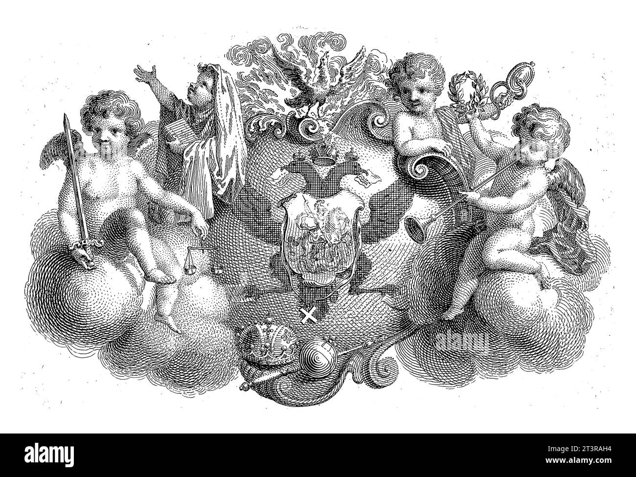 Putti um ein gekröntes Wappen, Simon Fokke, 1744 vier Putti sitzen auf Wolken um ein gekröntes Wappen, das einen Ritter zu Pferd darstellt. Stockfoto