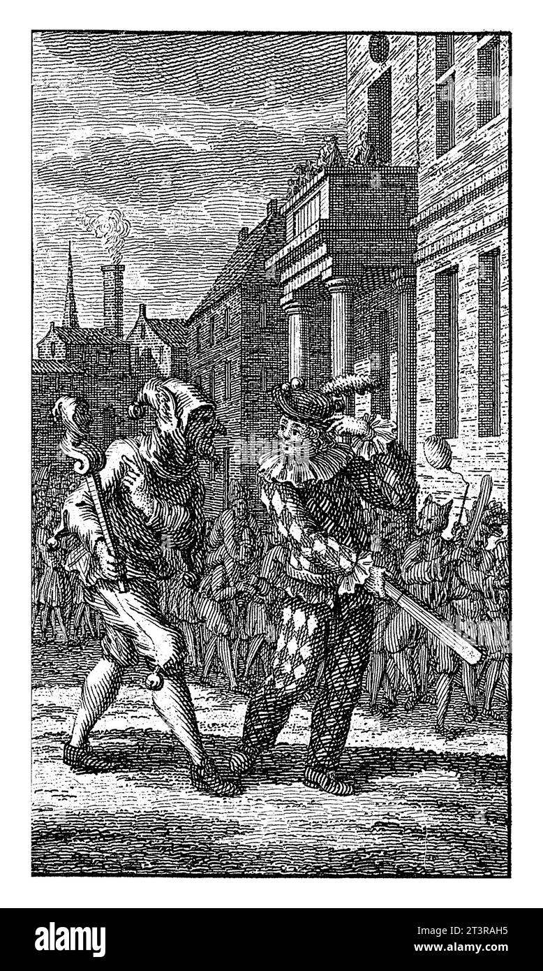 Ferbruari: Faschingsdienstag, Jan Caspar Philips, 1736 - 1775 der Monat Februar: Szene auf der Straße mit einem Narren und einem Soldaten im Vordergrund und Stockfoto