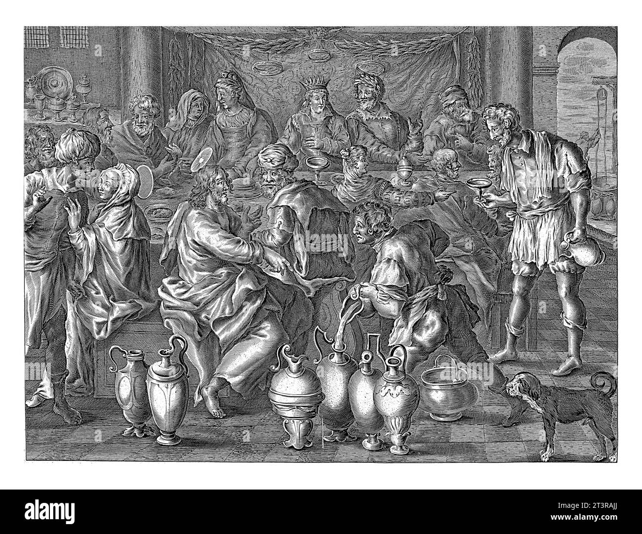 Hochzeit in Cana, anonym, nach Adriaen Collaert, nach Maerten de Vos, 1679 - 1702 bei der Hochzeit in Cana bestellt Christus sechs Gläser, damit sie gefüllt werden Stockfoto