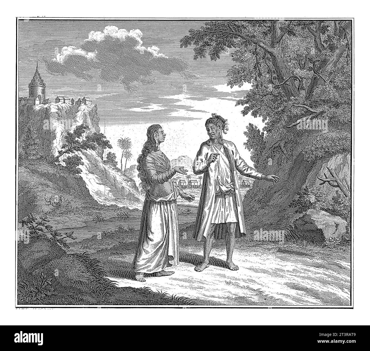 Bewohner von Arrakan, Jan Caspar Philips, 1730 Landschaft mit zwei Eingeborenen aus Arrakan in traditioneller Kleidung. Stockfoto