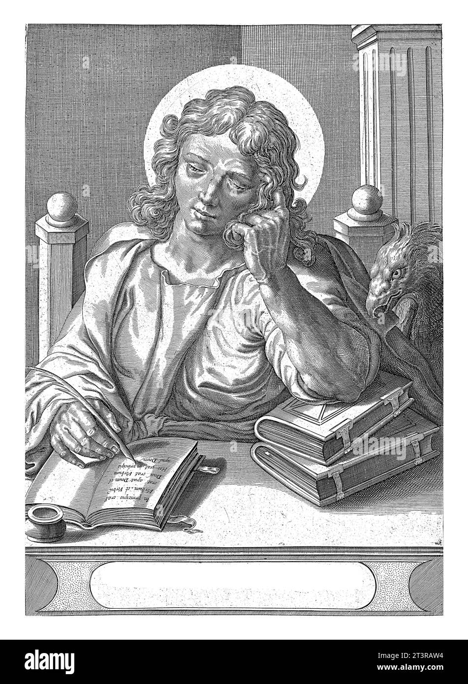 Evangelist Johannes, Egbert van Panderen, um 1590–1637 der Evangelist Johannes schrieb sein Evangelium mit seinem Attribut Adler. In einem Rahmen eine zweizeilige c Stockfoto