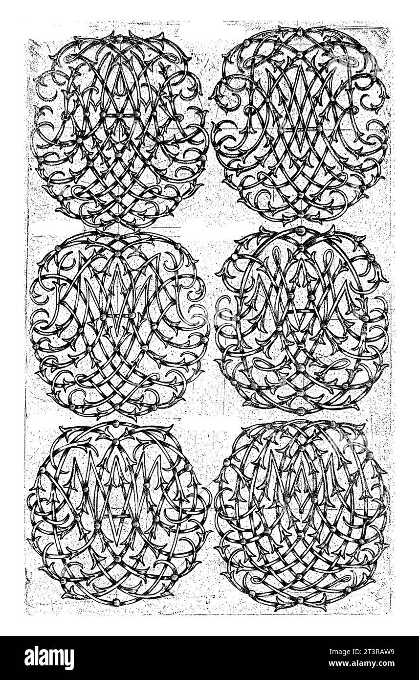 Sechs große Monogramme (AHIKL-ANOPQ), Daniel de Lafeuille, ca. 1690 - ca. 1691 aus einer Serie von 29 teilweise nummerierten Blättern mit Zahlenmonogrammen. Stockfoto