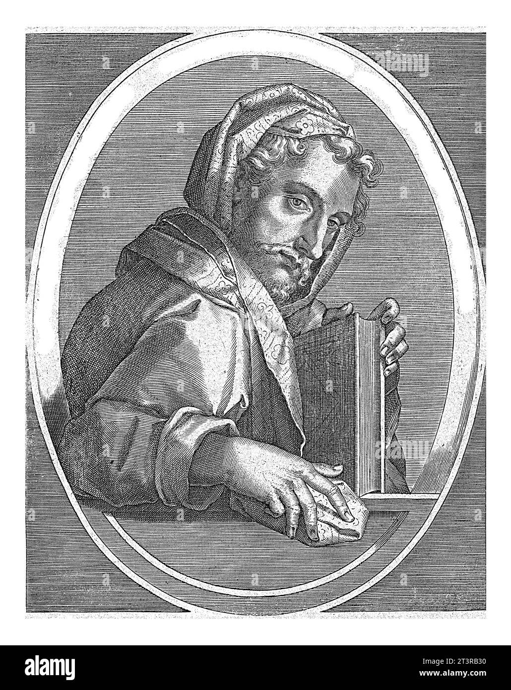 Zacharias, Cornelis Galle (I), nach Jan van der Straet, 1613 der Prophet Zacharias mit einem Buch in der Hand, in Oval mit lateinischer Inschrift. Stockfoto