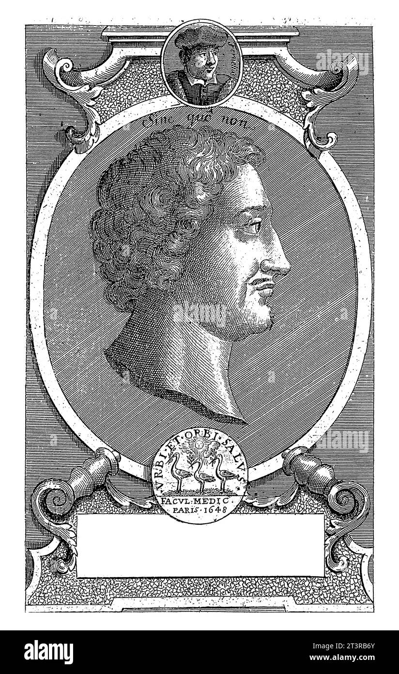 Porträt von Guy Patin, Georg Paul Busch, 1721 über dem Porträt von Patin, ein Medaillon mit einem Porträt von Johannes Fernelius. Stockfoto