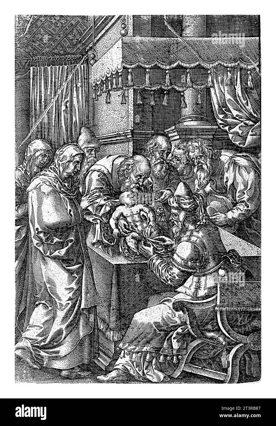 Beschneidung Christi, Johannes Wierix, nach Pieter van der Borcht (I), 1573 beschneidet der Hohepriester das Christuskind im Tempel. Maria steht Stockfoto