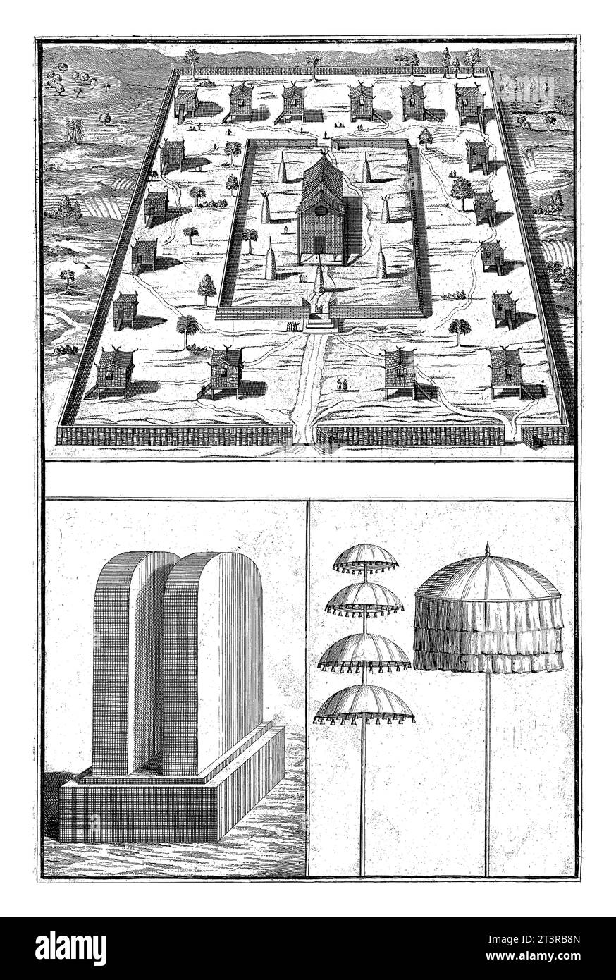 Religiöse Stätten und Objekte aus Siam, Bernard Picart (Werkstatt von), 1726 Blatt mit drei Darstellungen religiöser Stätten und Objekte aus Siam. Stockfoto