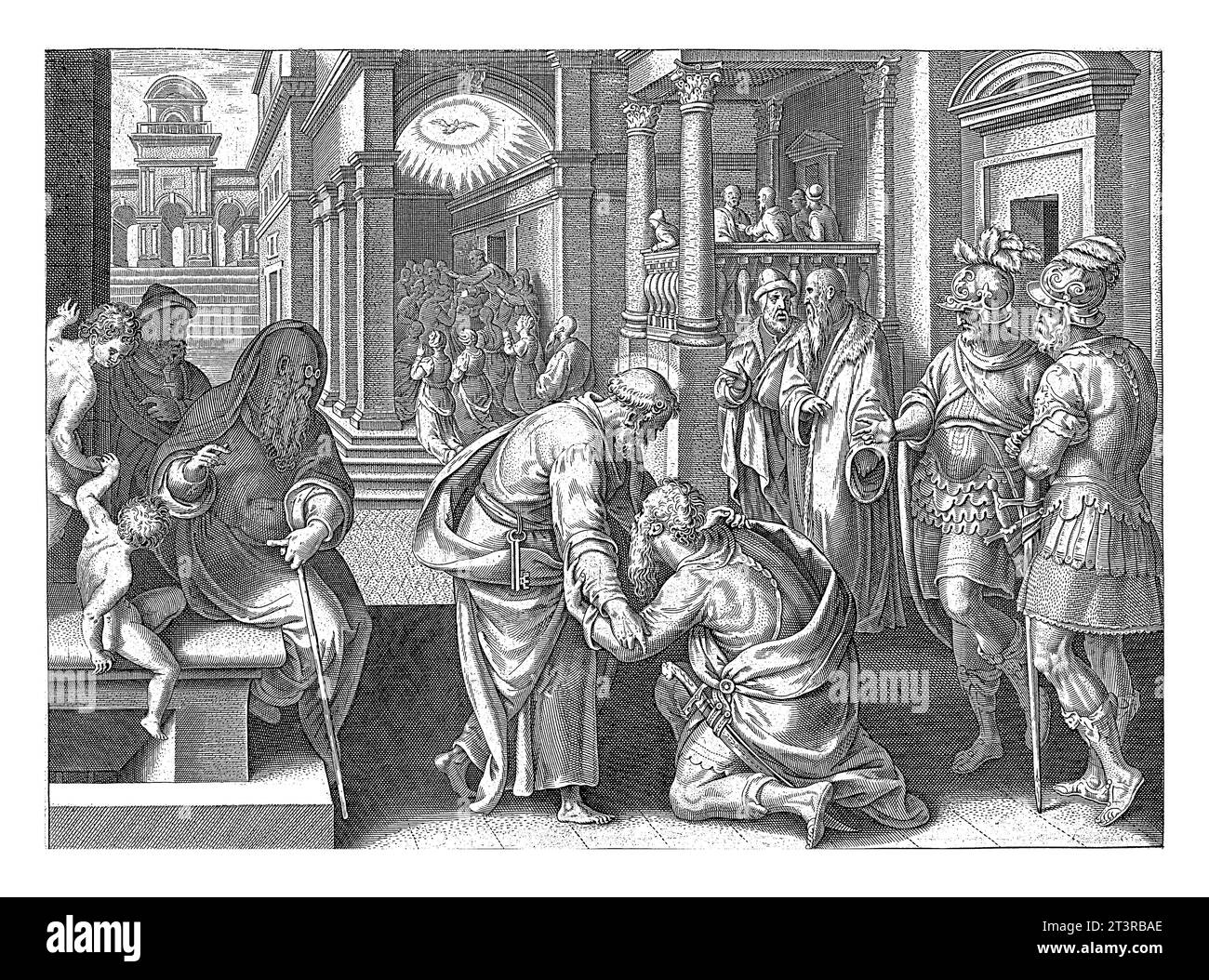 Cornelius kniet vor Peter, nach Philips Galle, nach Jan van der Straet, 1646 der Hauptmann Cornelius kniet vor dem Apostel Peter, aber Peter Stockfoto