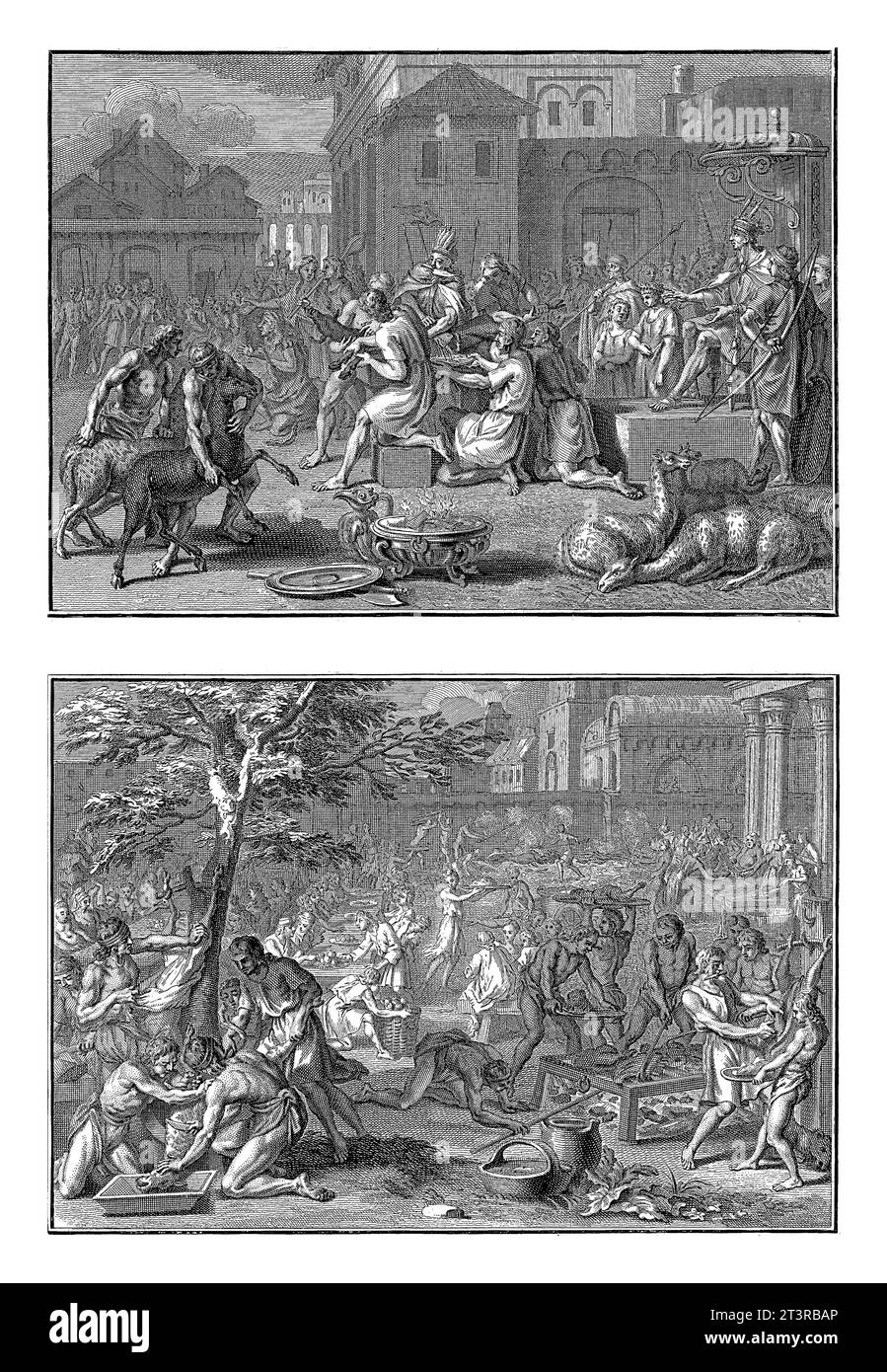 Opferfeste der Indianer aus Peru, Bernard Picart (Werkstatt), nach Bernard Picart, 1723 Blatt mit zwei Darstellungen des religiösen Festivals Stockfoto