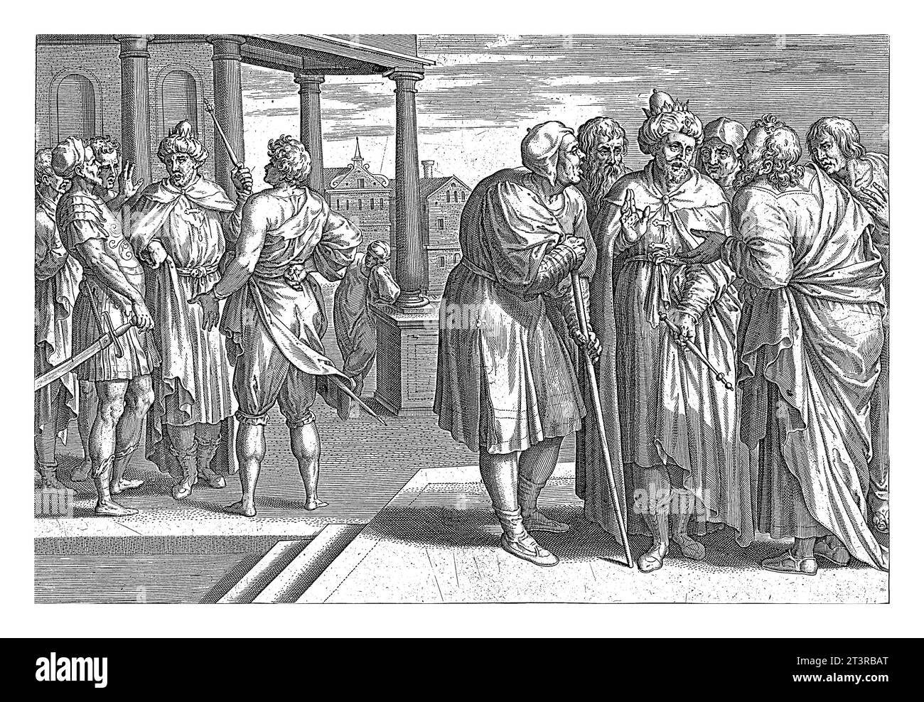 Rehabeam berät die Ältesten und die jungen Männer, Hans Collaert (I.) (zugeschrieben), nach Ambrosius Francken (I.), 1585 berät König Rehabeam den Ältesten Stockfoto