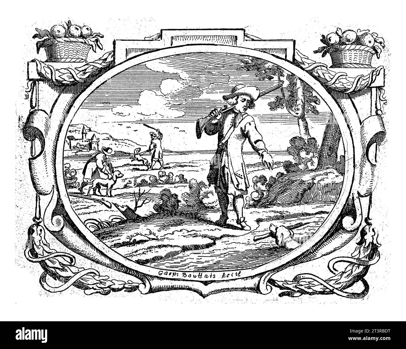 Unglück wird von der Hand Gottes empfangen, Gaspar Bouttats, 1679 Seite aus einem Buch (S.10) mit Text auf Verso. In einer ovalen Kartusche eine Landschaft mit hu Stockfoto